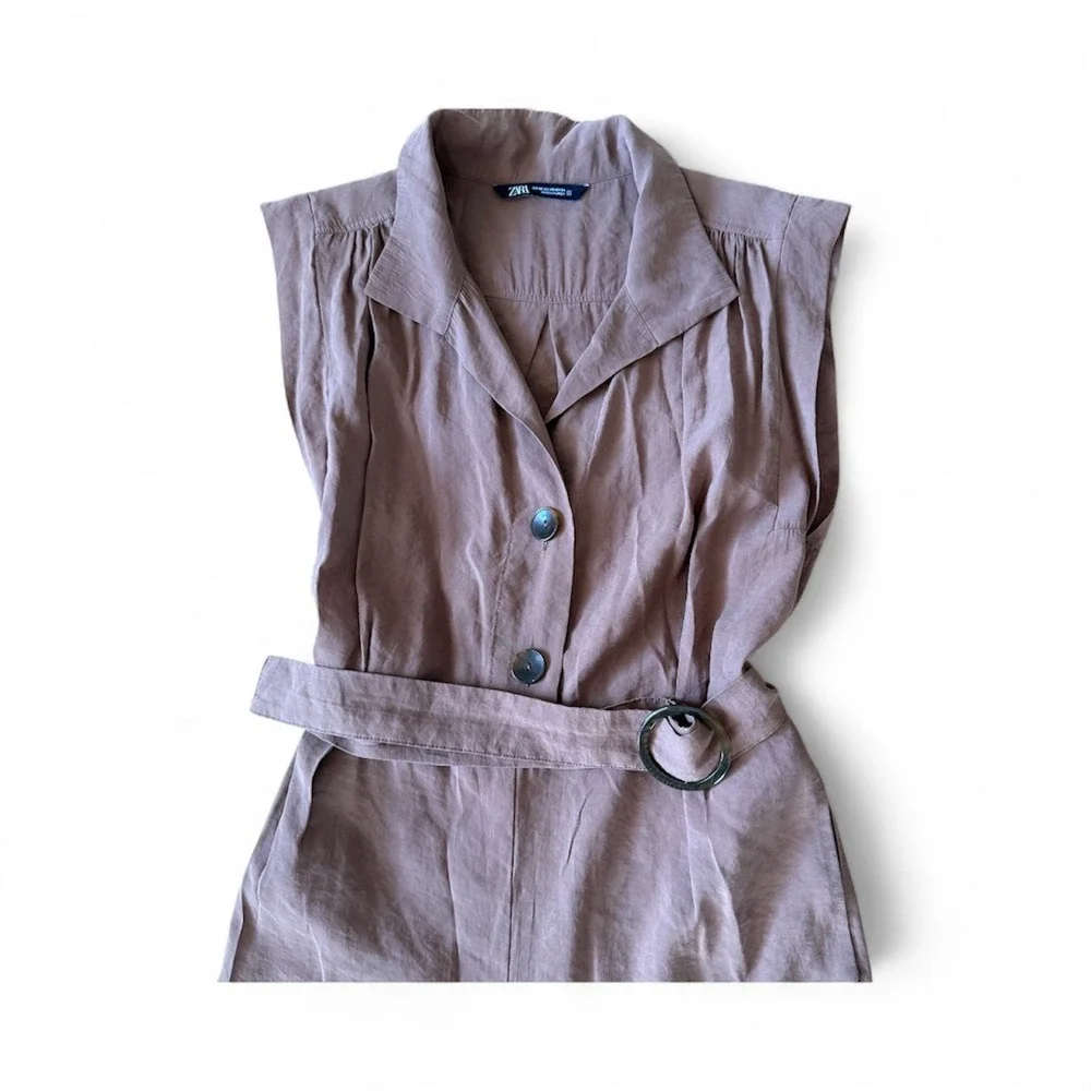 ZARA Sleeveless Collared Belted Wide Leg Jumpsuit Brown XS